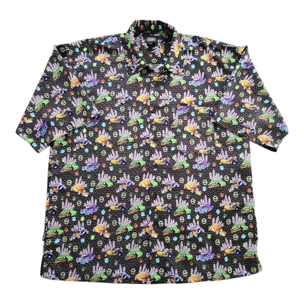 ZAM Short Sleeve Button Up Vintage Black Shirt Size 2XL Cars City Colorful NWOT